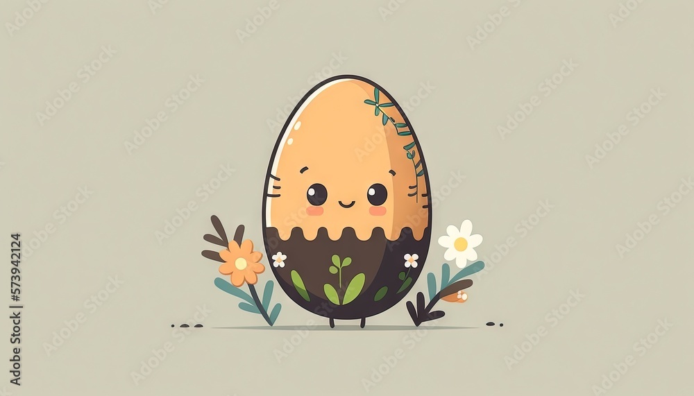  an egg with a face and flowers on its side.  generative ai