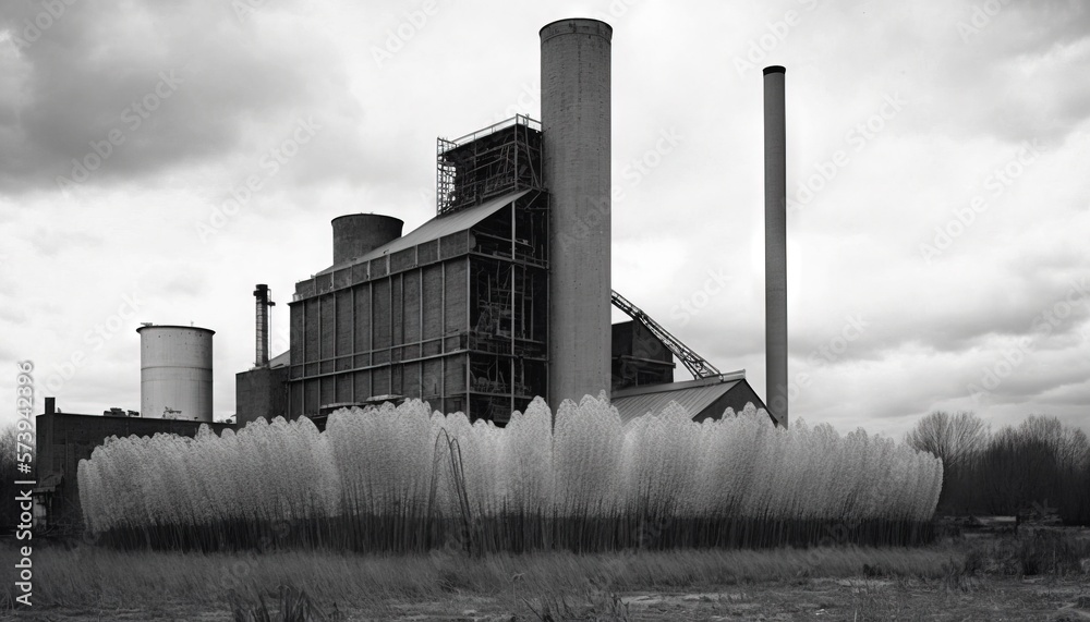  a black and white photo of a factory with smoke stacks.  generative ai