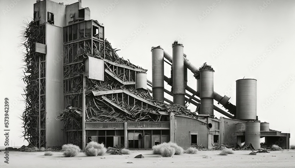  a black and white photo of a building with a bunch of plants growing out of it.  generative ai