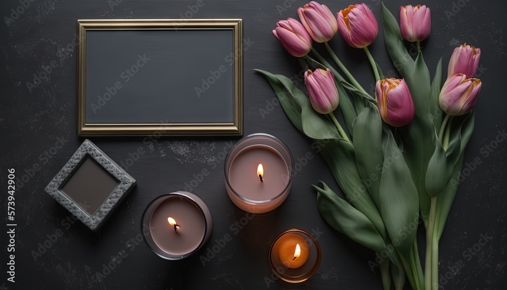  a picture frame, candles, and flowers on a table.  generative ai