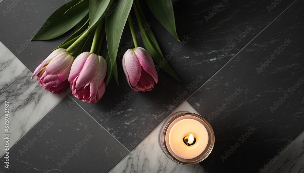  two pink tulips and a candle on a marble table.  generative ai