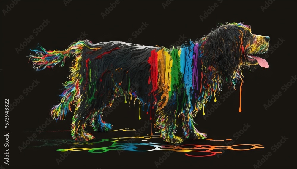  a black dog with a multicolored coat of hair.  generative ai