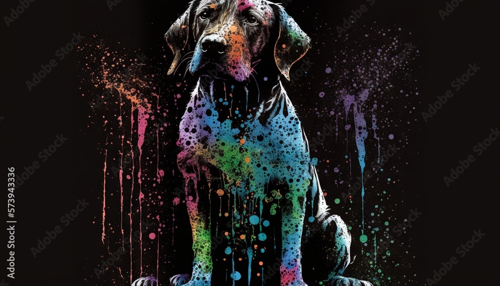  a dog is sitting in front of a black background with paint splatters.  generative ai