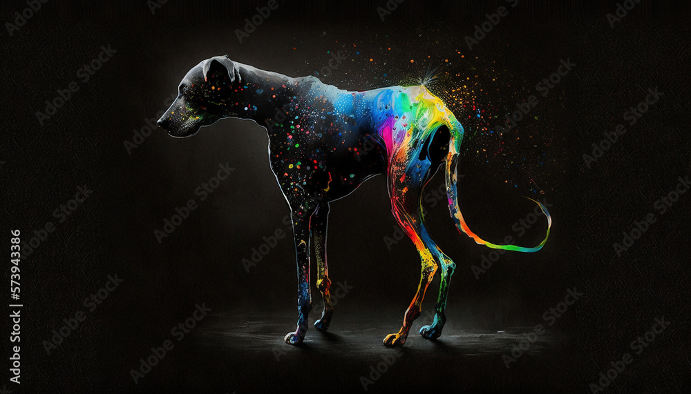  a colorful dog standing in the dark with splatters of paint all over it.  generative ai