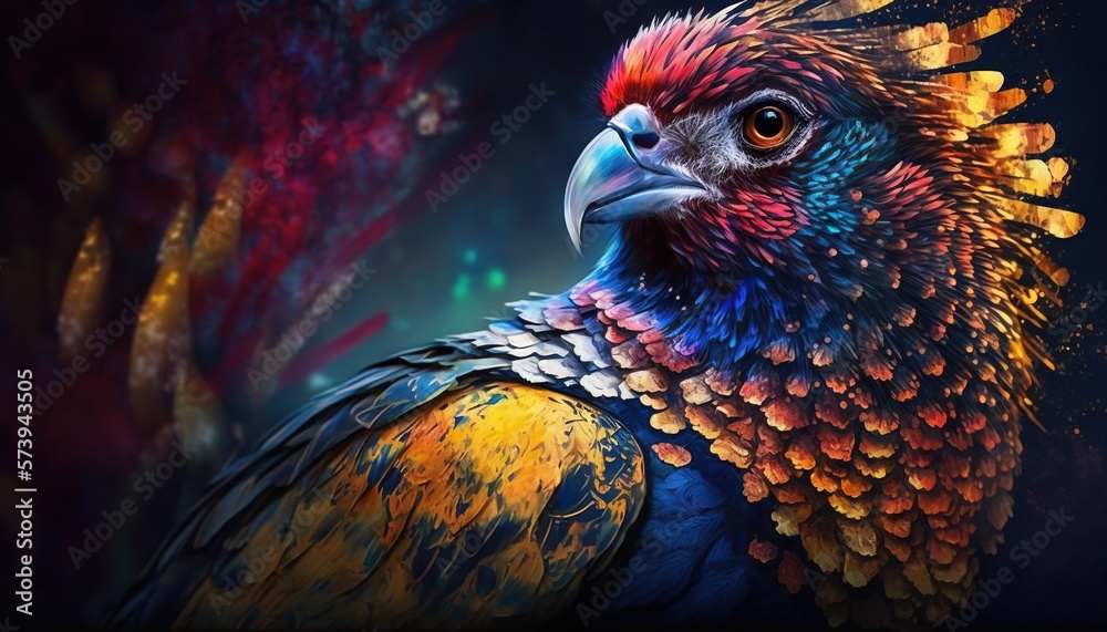  a colorful bird with a black background and a red, yellow, blue, and green feathers.  generative ai