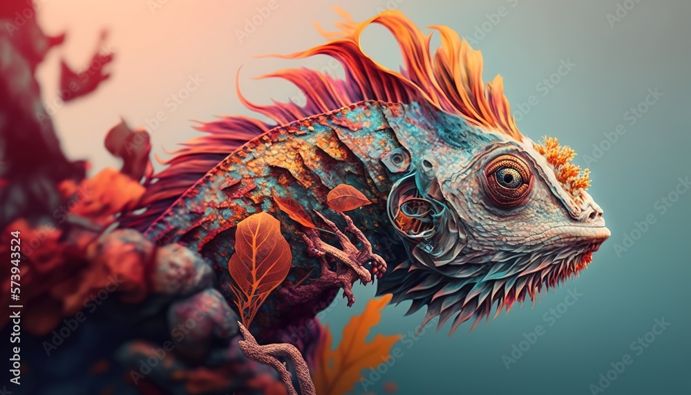  a close up of a colorful fish with leaves on it.  generative ai