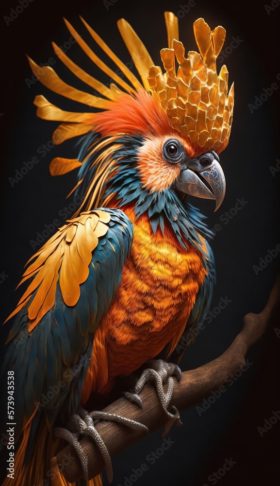  a colorful bird with a crown on its head sitting on a branch.  generative ai