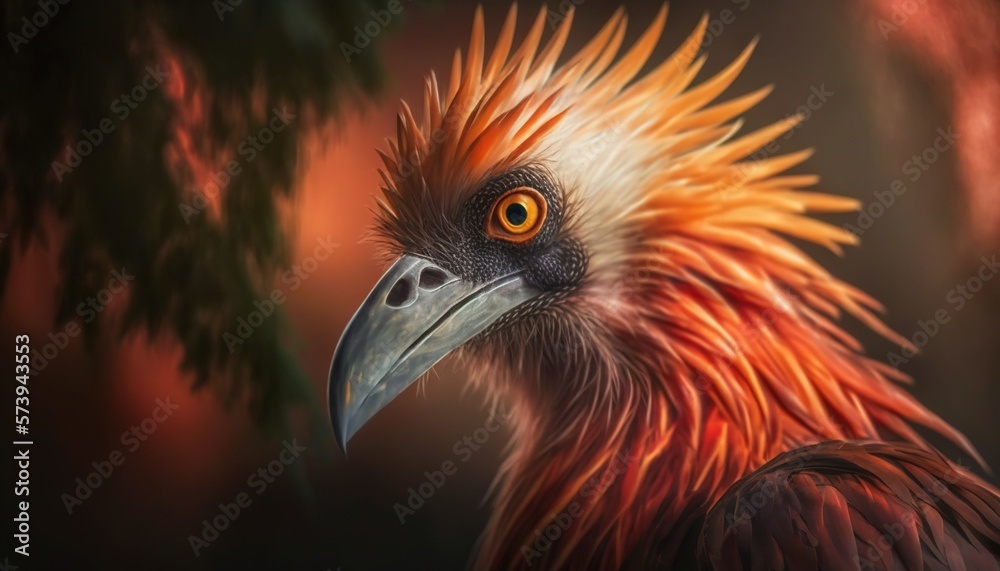  a painting of a bird with orange and yellow feathers and a black background.  generative ai