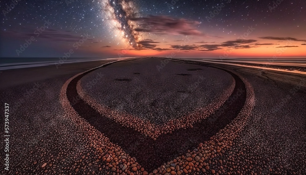  a heart shaped rock on a beach under a night sky.  generative ai