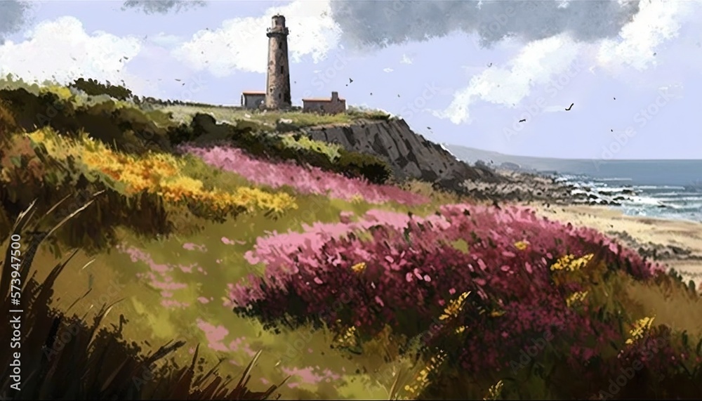  a painting of a lighthouse on a hill near the ocean.  generative ai