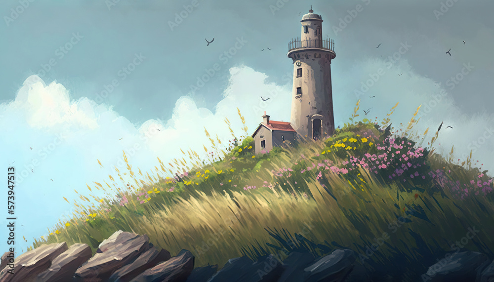  a painting of a lighthouse on top of a hill with a sky background.  generative ai