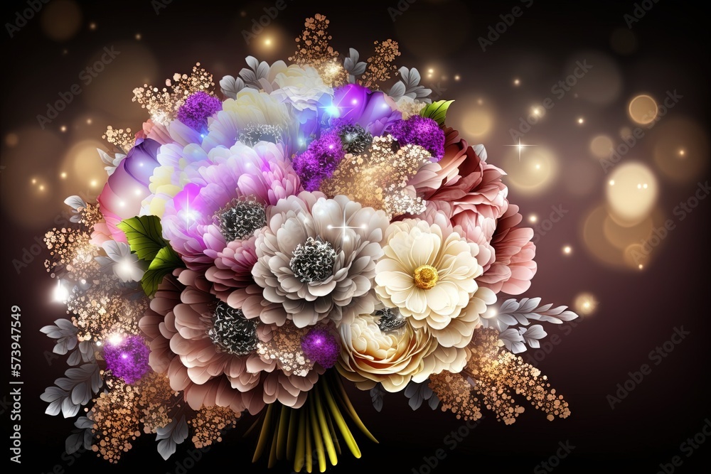  a bouquet of flowers is shown on a dark background with lights.  generative ai