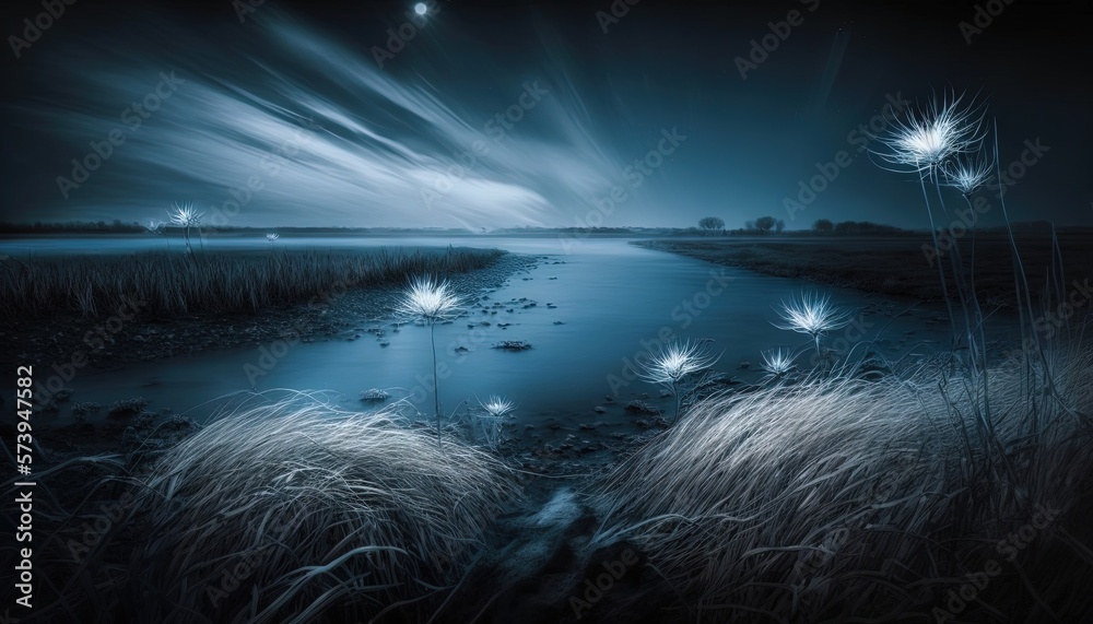  a night scene with a lake and a few flowers in the foreground.  generative ai