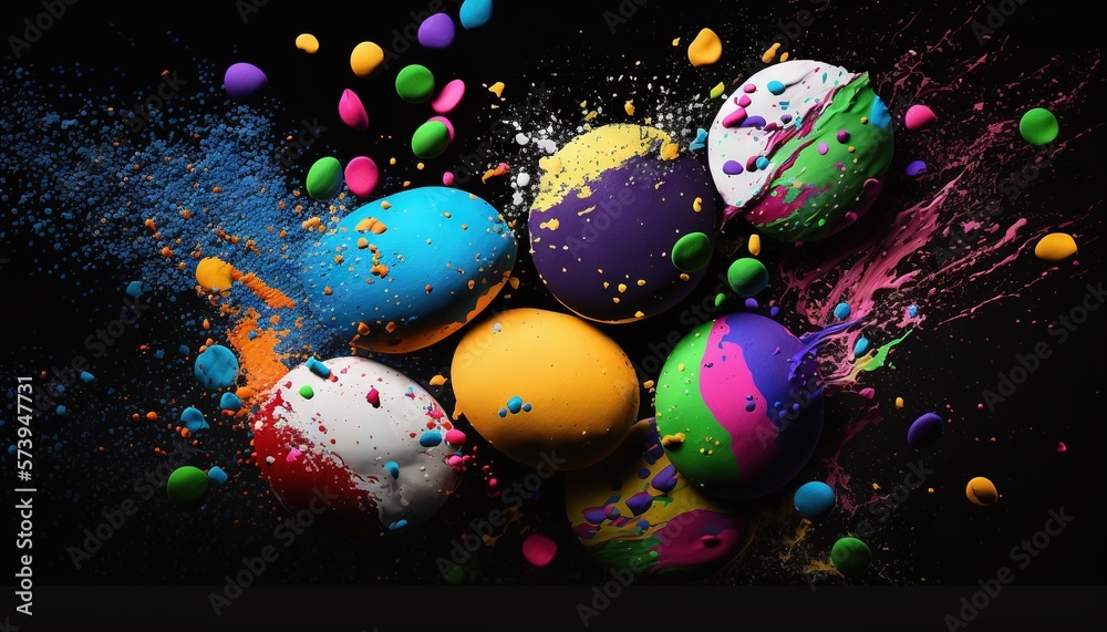  a group of colorful balls of paint on a black background.  generative ai