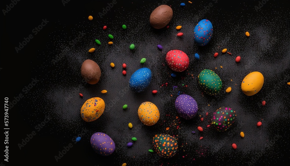  a group of colorfully decorated eggs on a black surface.  generative ai