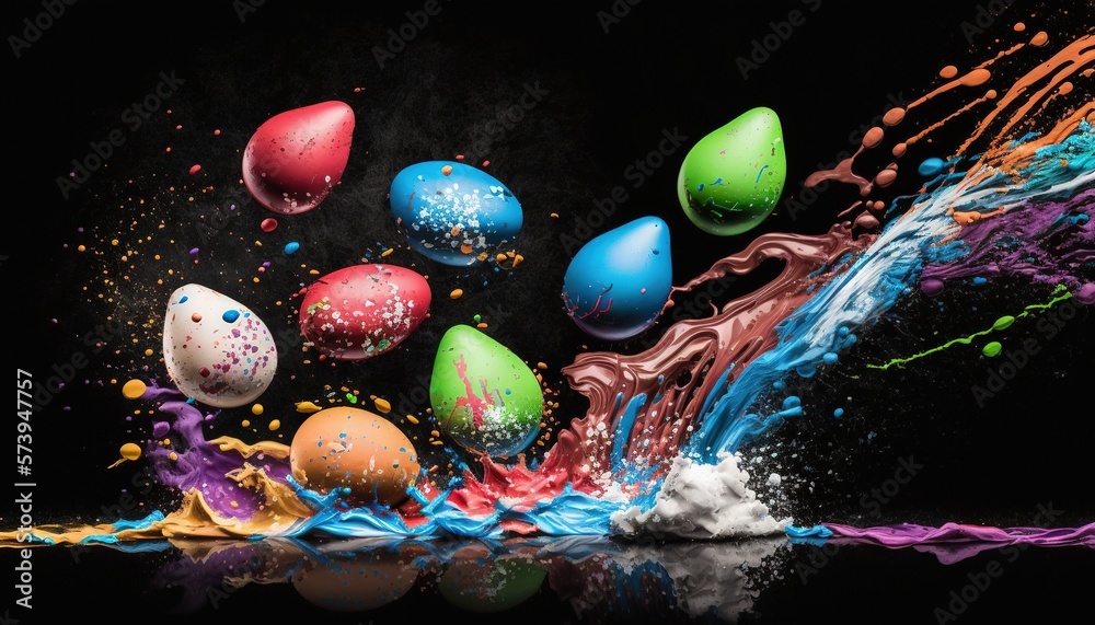  a group of colorful eggs splashing into a body of water.  generative ai