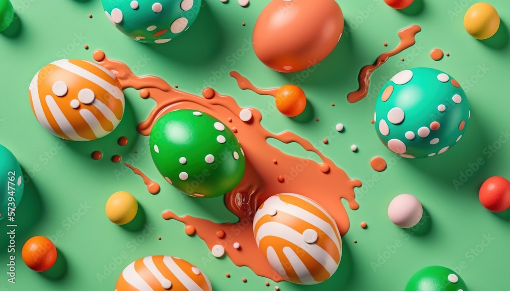  a group of colorful eggs sitting on top of a green surface.  generative ai