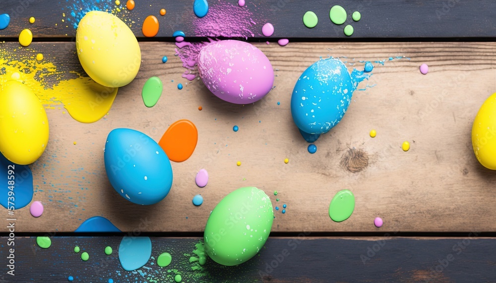  a wooden table topped with lots of colorful eggs and sprinkles.  generative ai