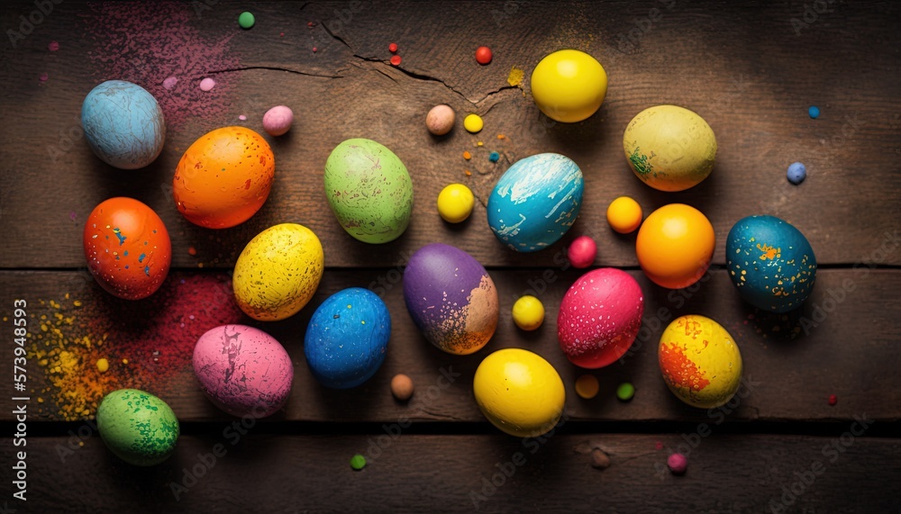  a wooden table topped with lots of colorful eggs and sprinkles.  generative ai