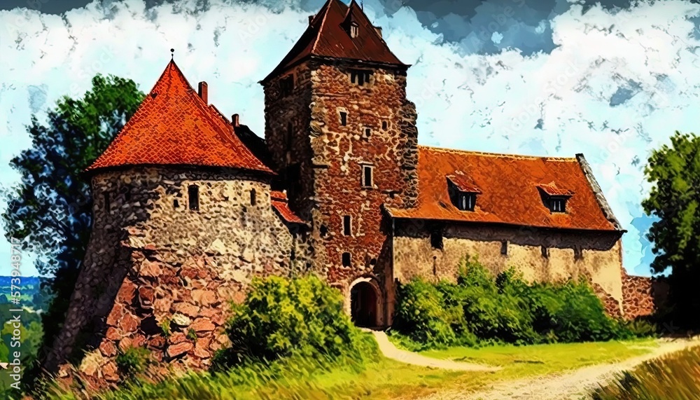  a painting of a castle with a dirt path leading to it.  generative ai