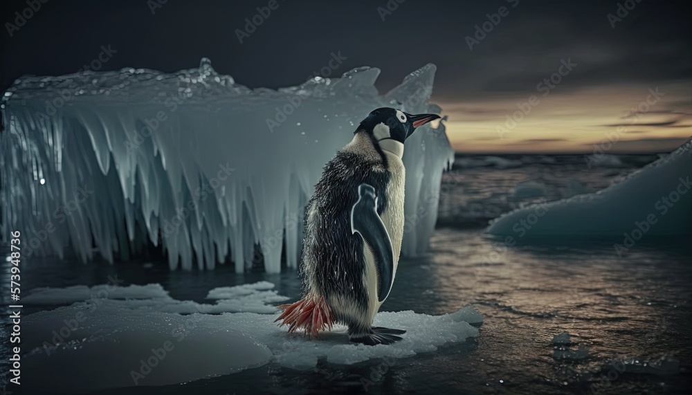  a penguin standing on ice in the ocean at night with an iceberg in the background.  generative ai