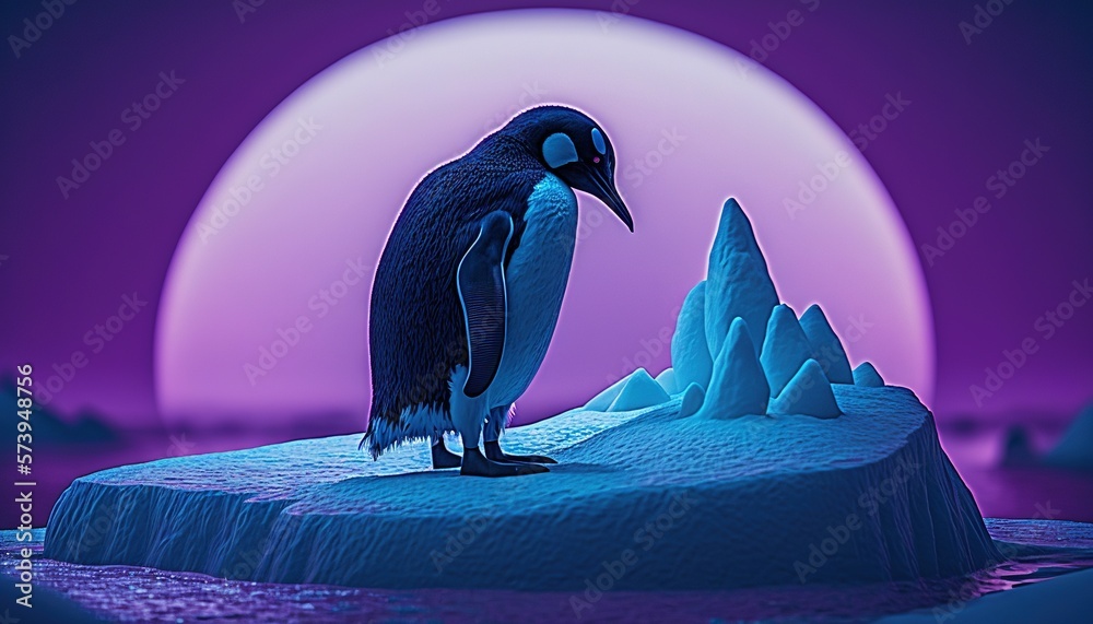  a penguin is standing on an iceberg in front of a full moon.  generative ai