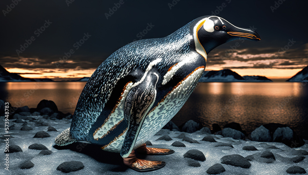  a penguin sitting on a rock in front of a body of water.  generative ai