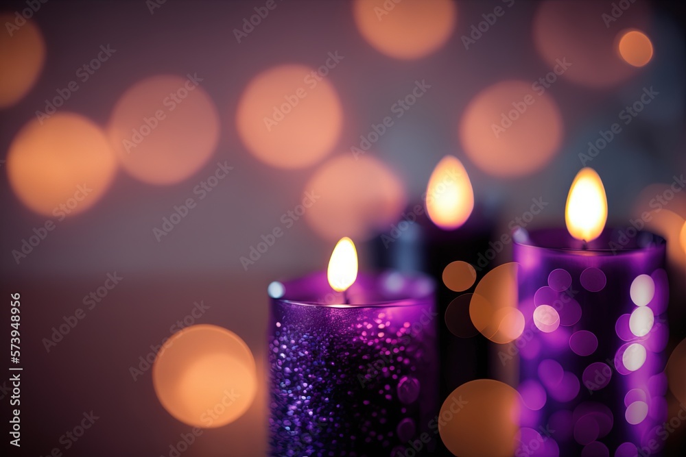  three lit candles with purple and orange lights in the background.  generative ai