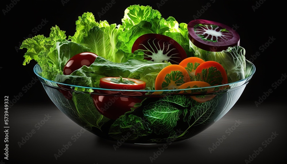  a glass bowl filled with lettuce, tomatoes, and other vegetables.  generative ai