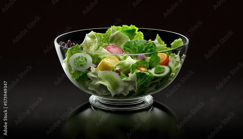  a glass bowl filled with lettuce and other vegetables.  generative ai