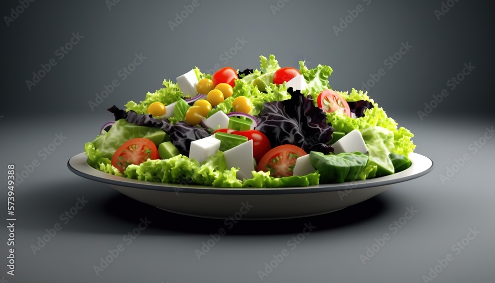  a salad with lettuce, tomatoes, olives and cheese.  generative ai