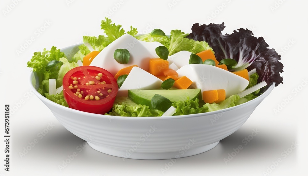  a white bowl filled with lettuce, tomatoes and cheese.  generative ai