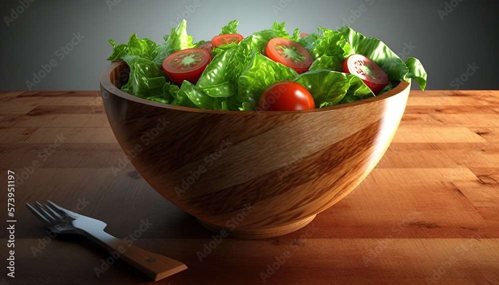  a wooden bowl filled with lettuce, tomatoes and lettuce.  generative ai