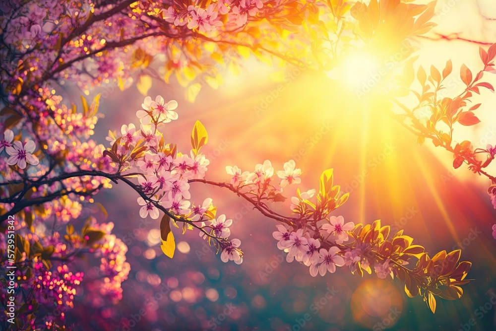  the sun shines through the branches of a flowering tree.  generative ai