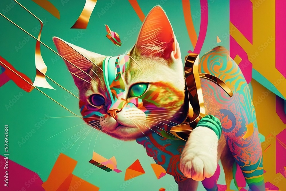  a cat wearing a colorful outfit and flying through the air.  generative ai