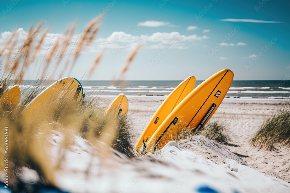  a group of surfboards sitting on top of a sandy beach.  generative ai