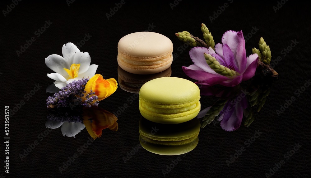  a couple of macaroons sitting on top of a table.  generative ai