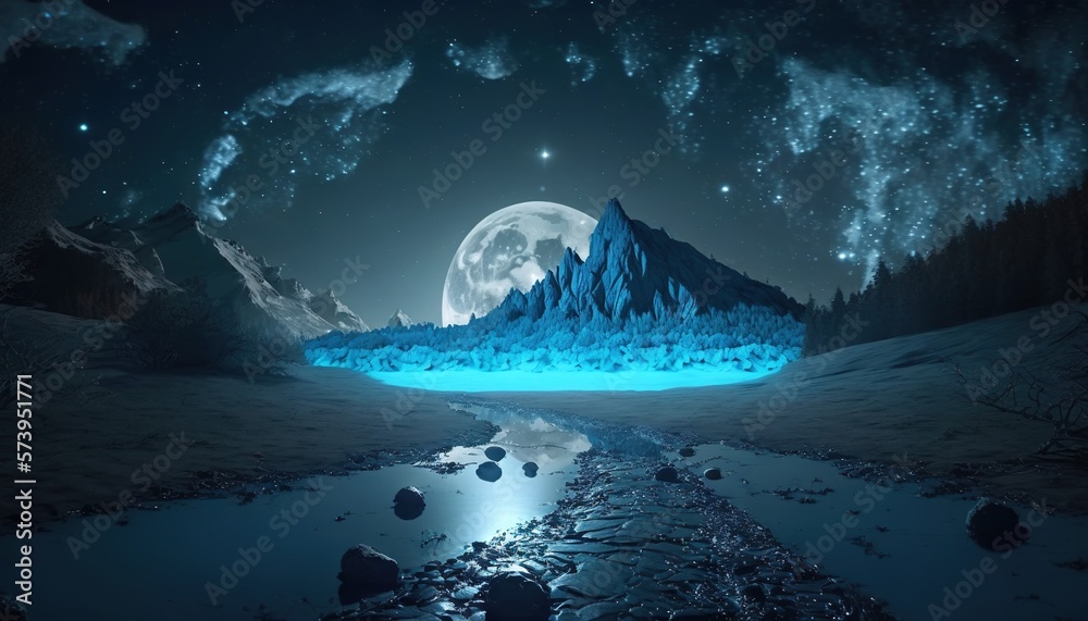  a night scene with a mountain and a river in the foreground.  generative ai