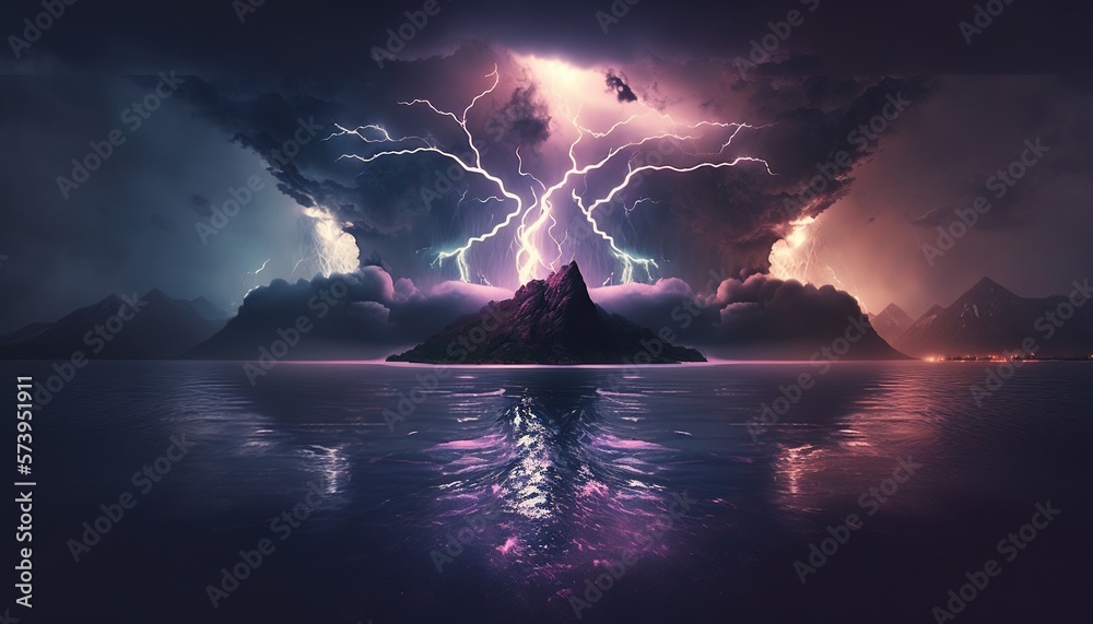  a mountain in the middle of a body of water under a lightning storm.  generative ai