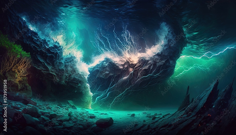  a painting of a cave with a giant wave coming out of it.  generative ai