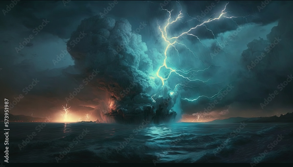  a large cloud of lightning over a body of water with a ship in the distance.  generative ai