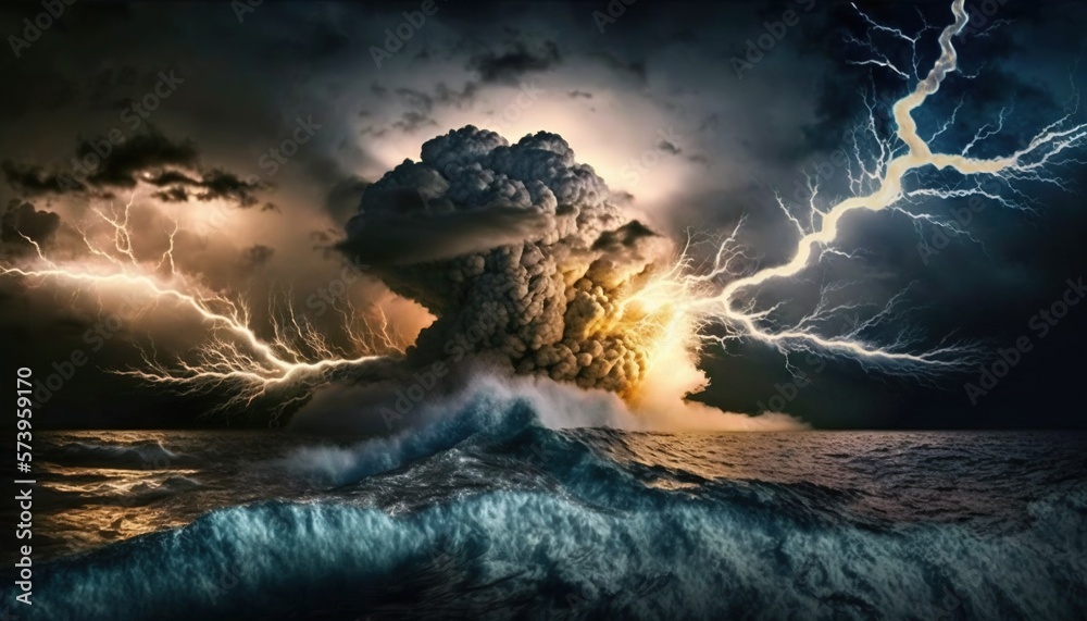  a storm is coming out of the ocean with lightning in the sky.  generative ai