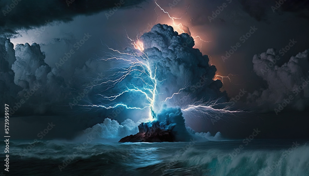  a large cloud filled with lightning over a body of water.  generative ai