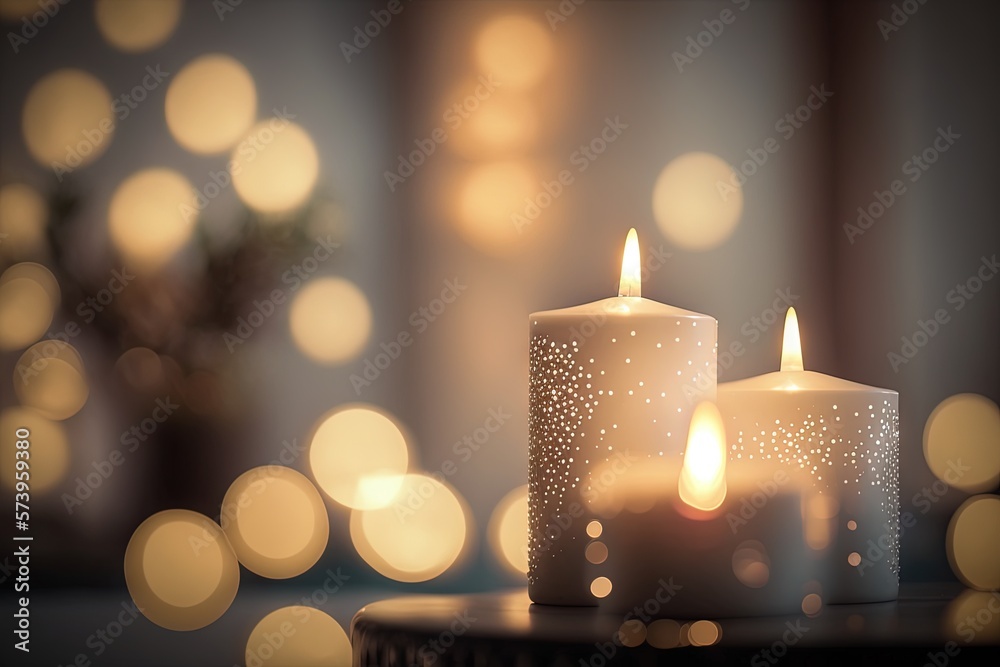  two lit candles sitting on a table with a blurry background.  generative ai