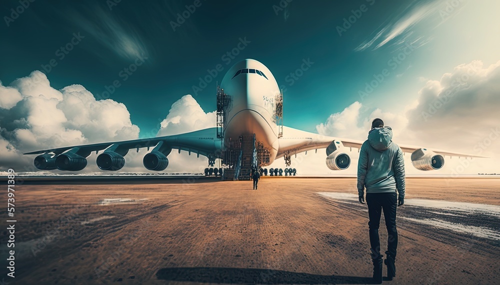  a man standing in front of an airplane on a runway.  generative ai