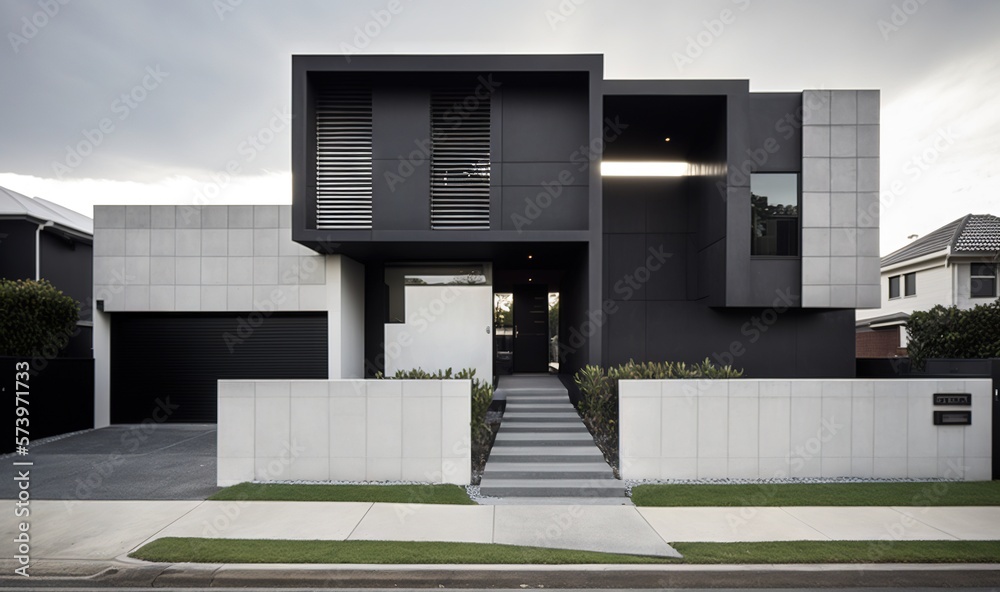  a modern house with a white fence and steps leading up to it.  generative ai