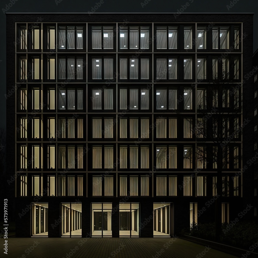  a large building with lots of windows lit up at night.  generative ai