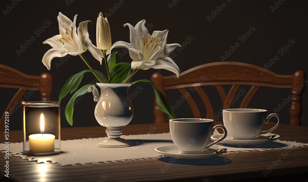  a table with a vase of flowers and two cups on it.  generative ai