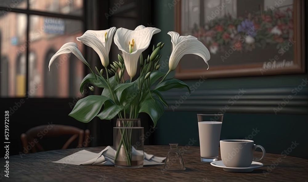  a vase of flowers sitting on a table next to a cup.  generative ai