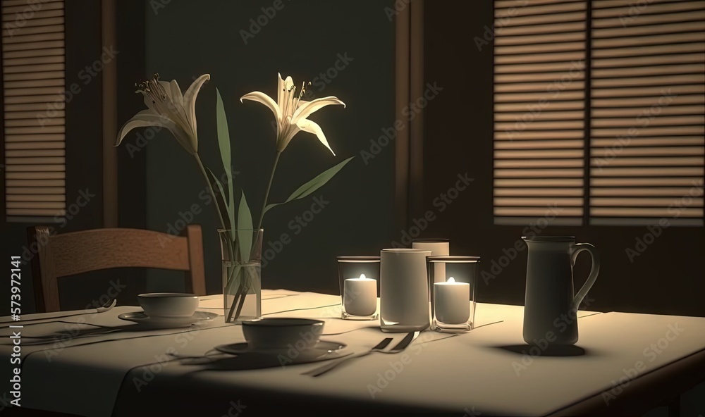  a dining room table with a vase of flowers and candles.  generative ai